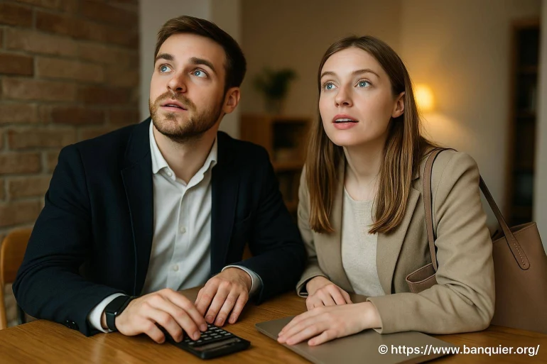 Jeune couple surpris calculatrice table