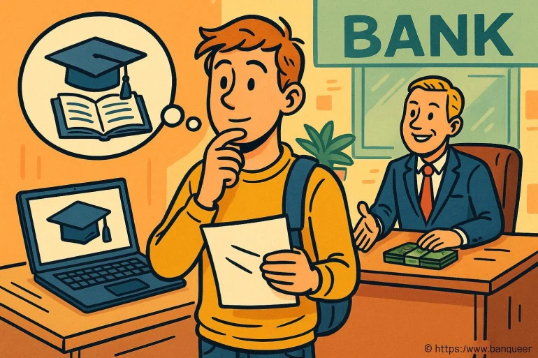 Étudiant réfléchissant à un prêt étudiant en banque