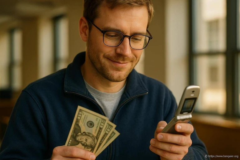 Homme souriant avec billets et téléphone à clapet