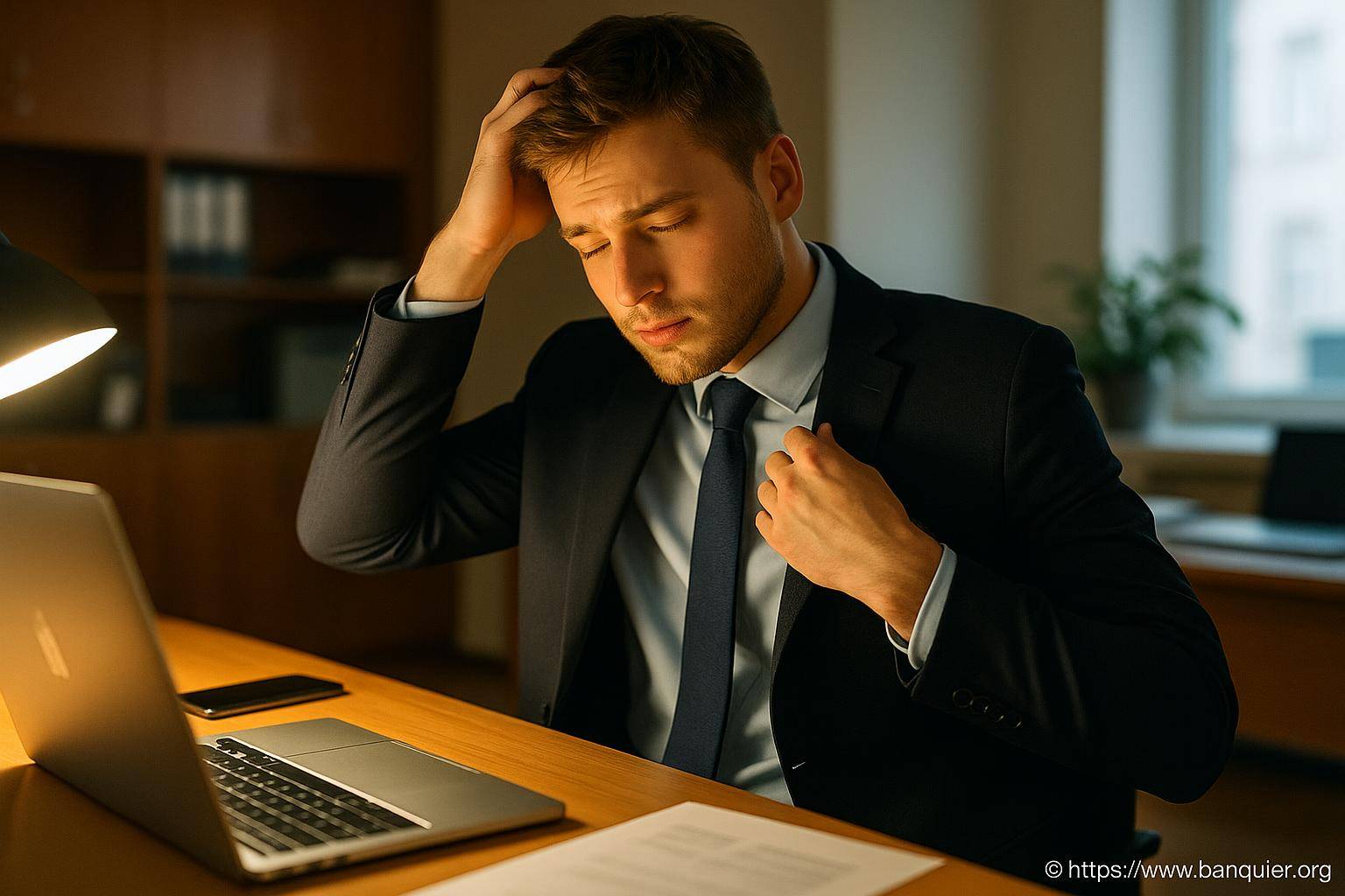Jeune homme stressé en costume au bureau