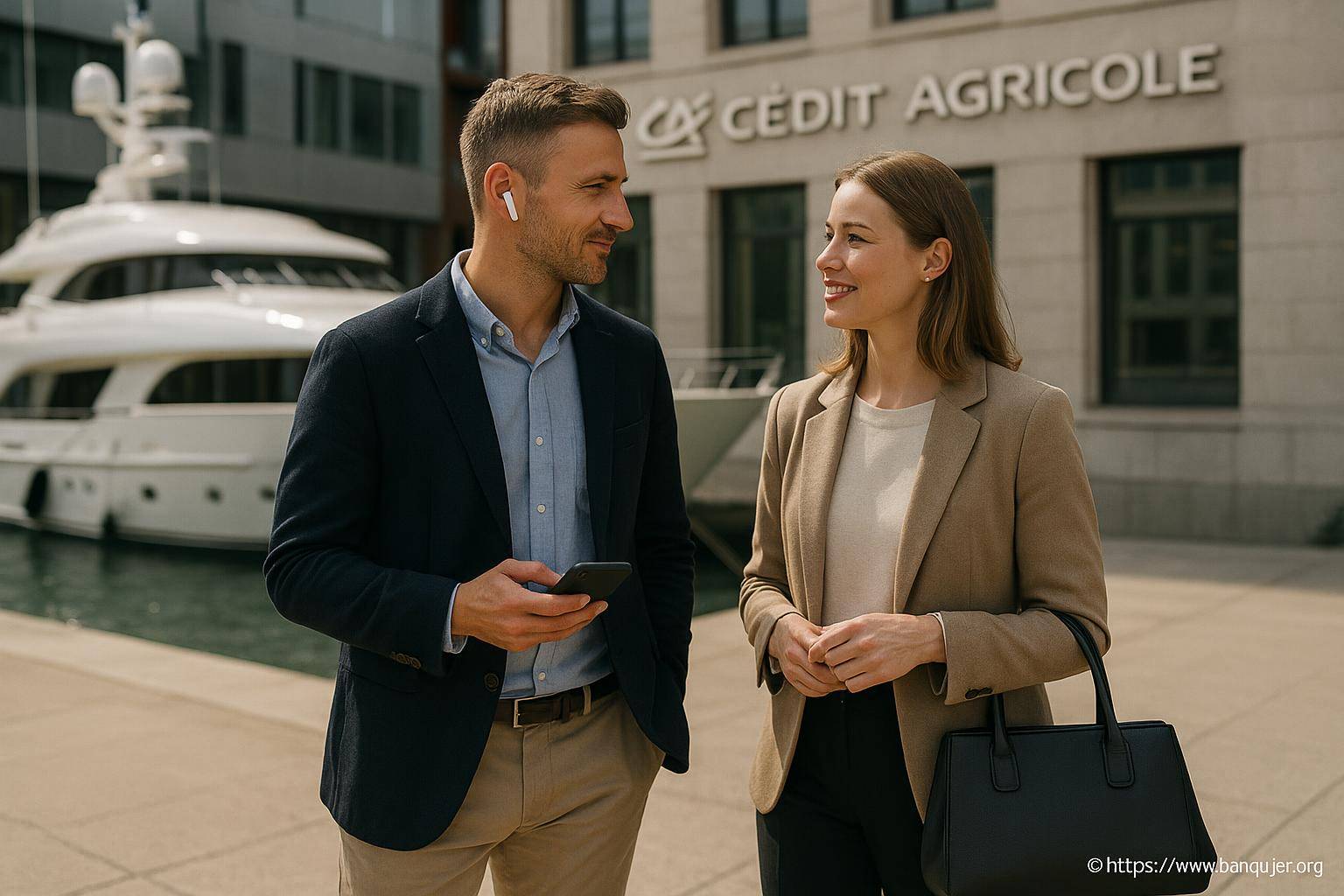Deux professionnels discutant devant Crédit Agricole