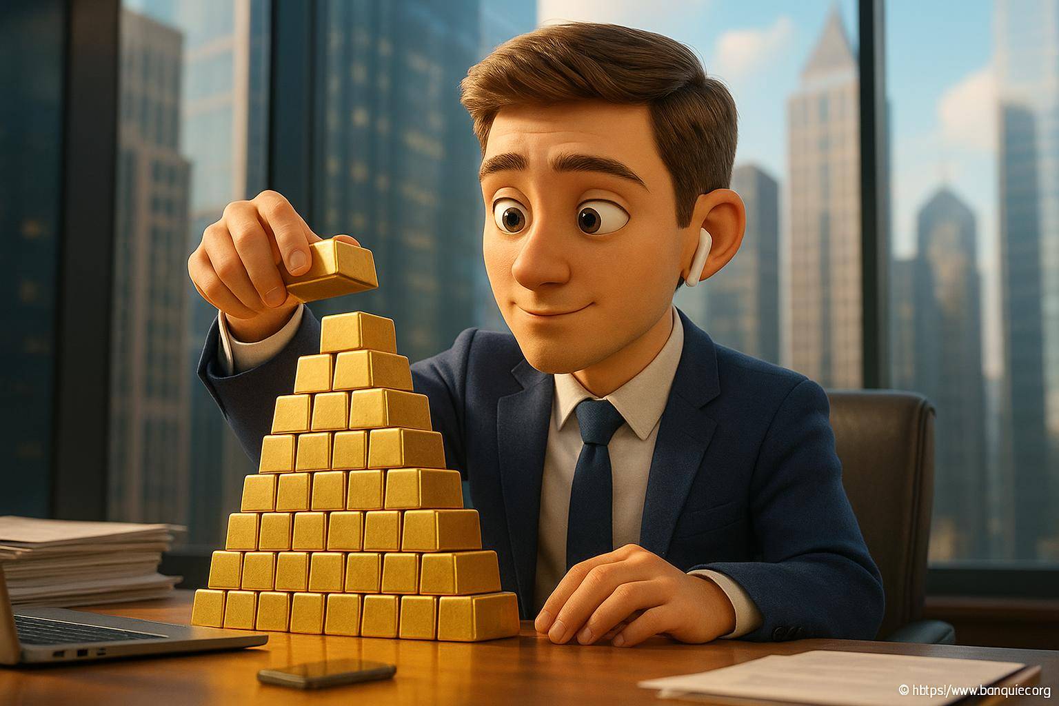 Homme empilant lingots d'or au bureau