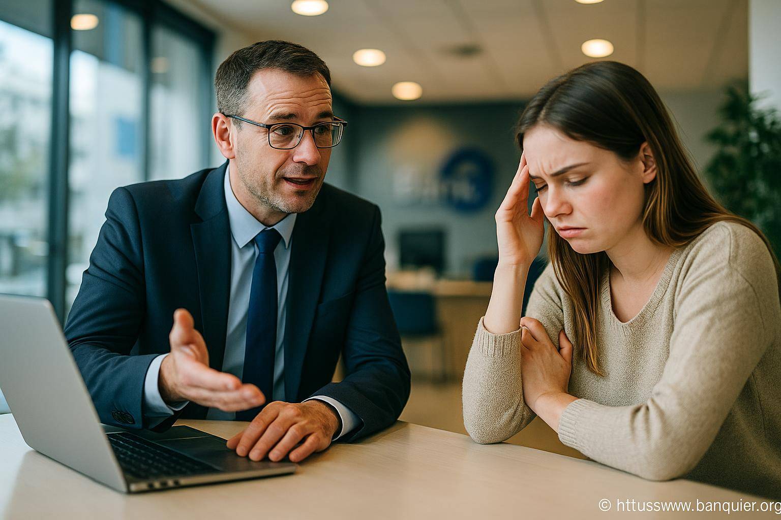 Conseiller financier expliquant à cliente stressée