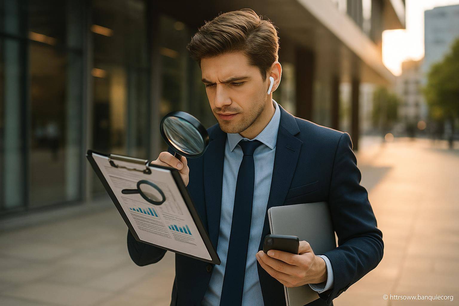 Homme d'affaires examine documents avec loupe