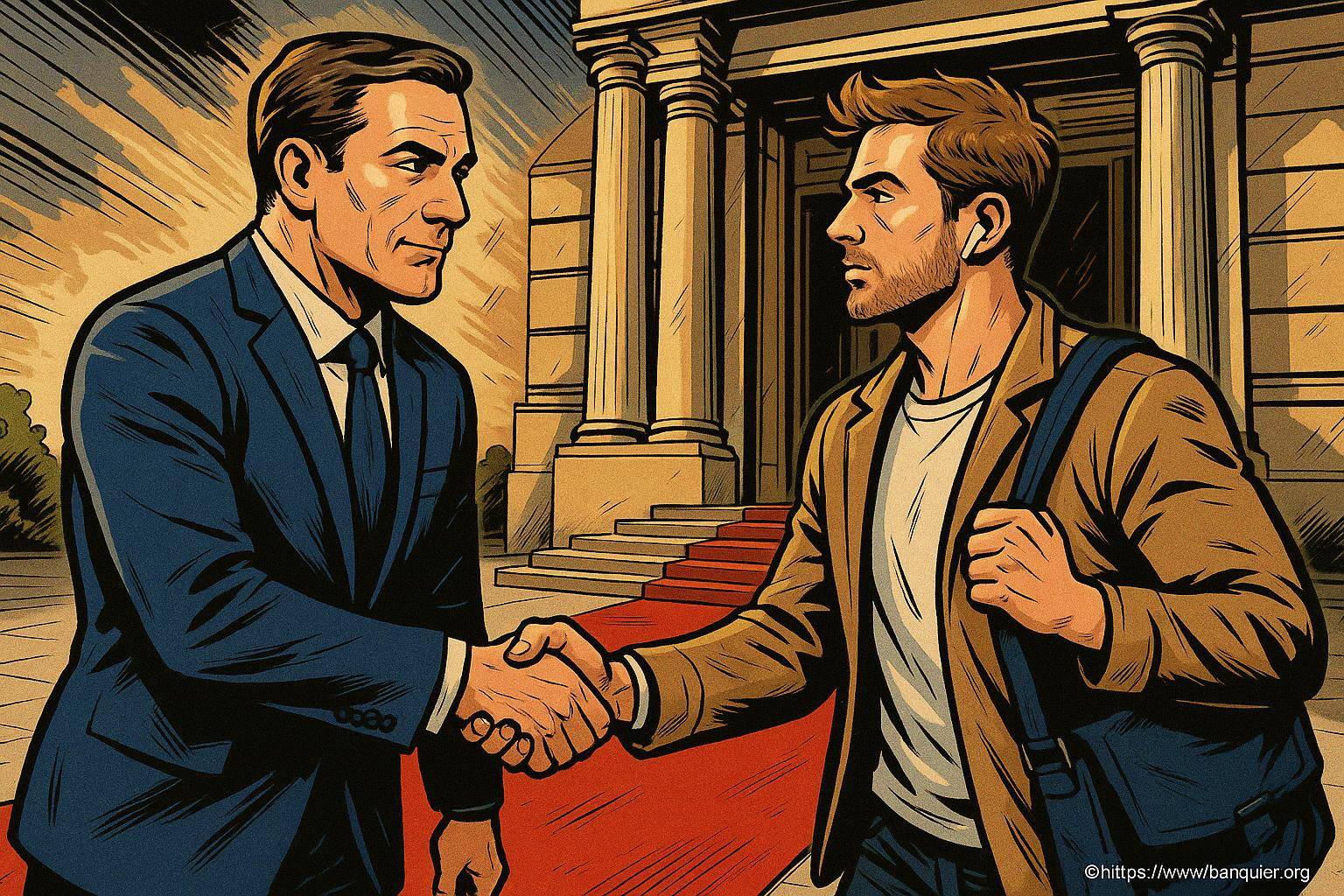 Deux hommes se serrant la main devant un bâtiment