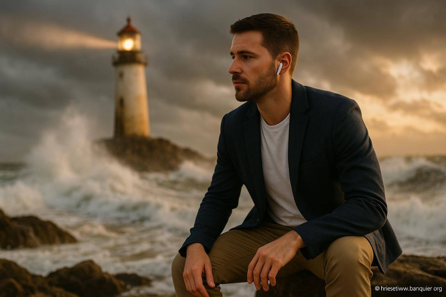 Homme assis près d un phare au crépuscule